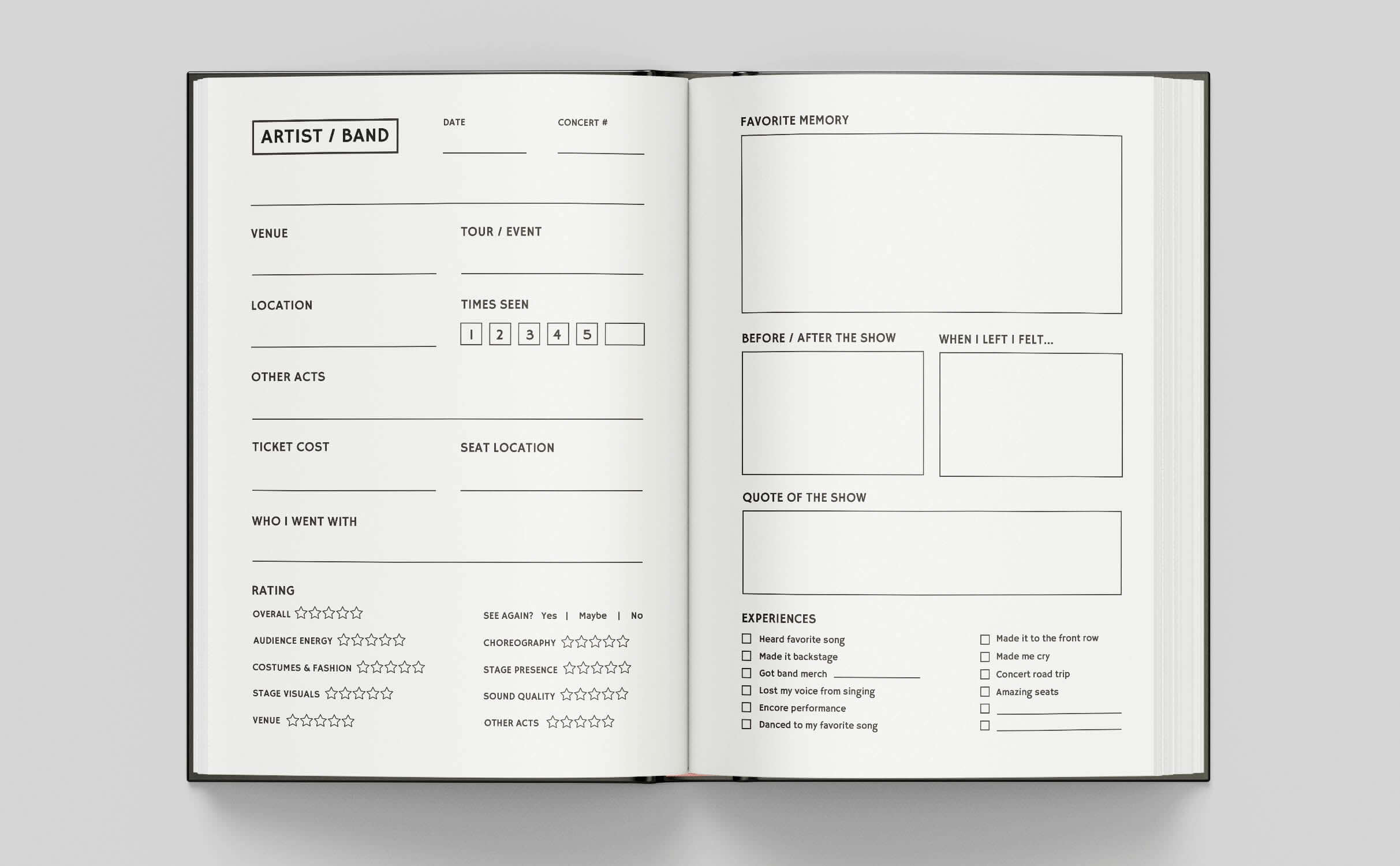 Open pages of the Concerts Remembered journal showcasing event logging sections for music fans.