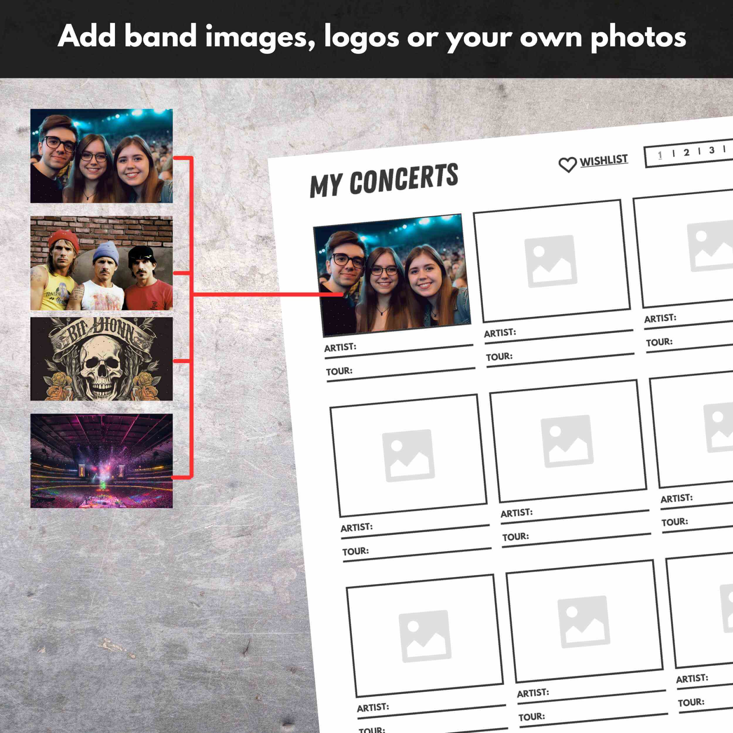 Image showing the 'My Concerts' page layout with options to add band images, logos, and personal photos.