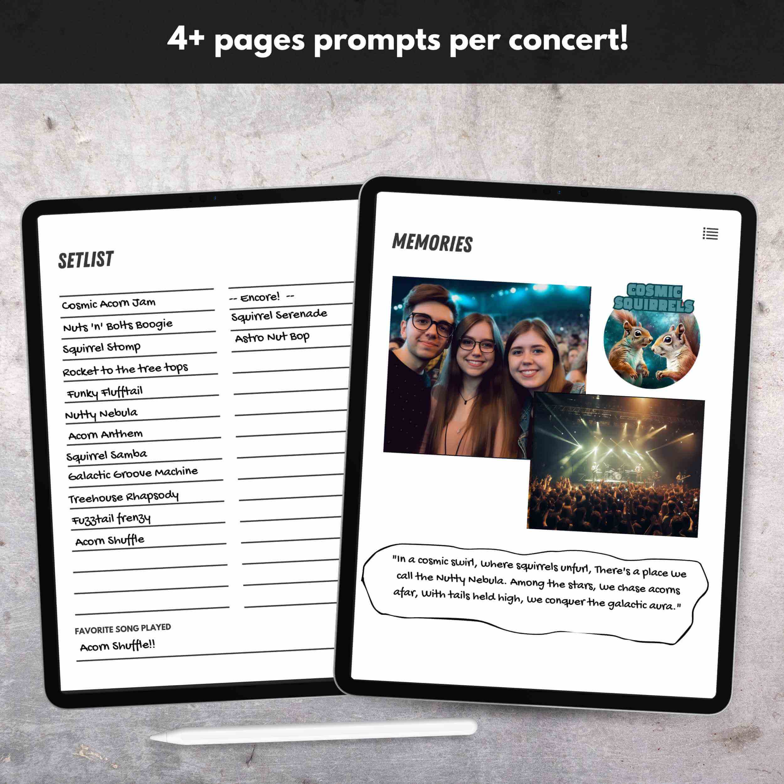 Digital journal showcasing concert setlist and memories pages for music enthusiasts.