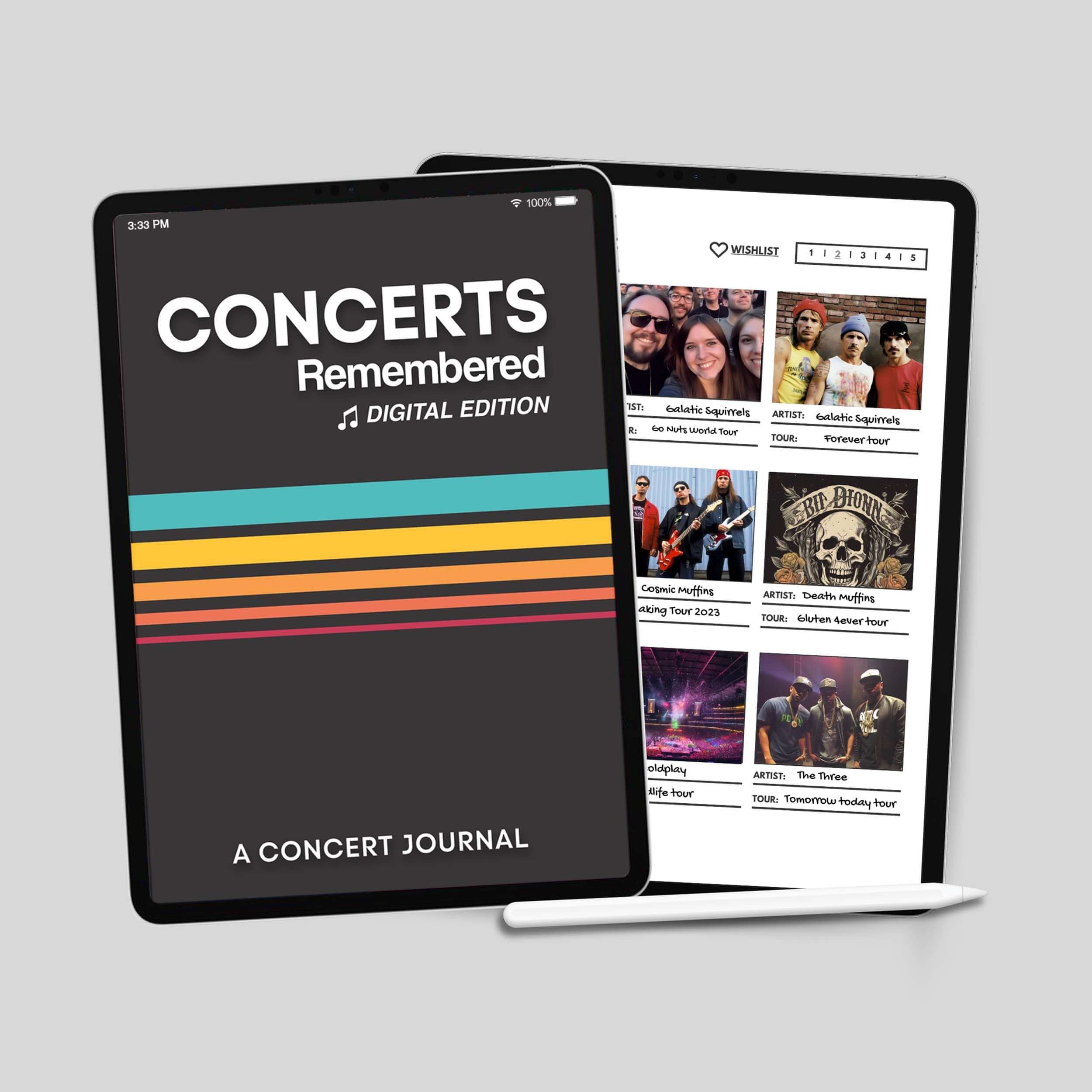 Concerts Remembered Digital Edition on tablet, featuring a concert journal for capturing live music experiences.