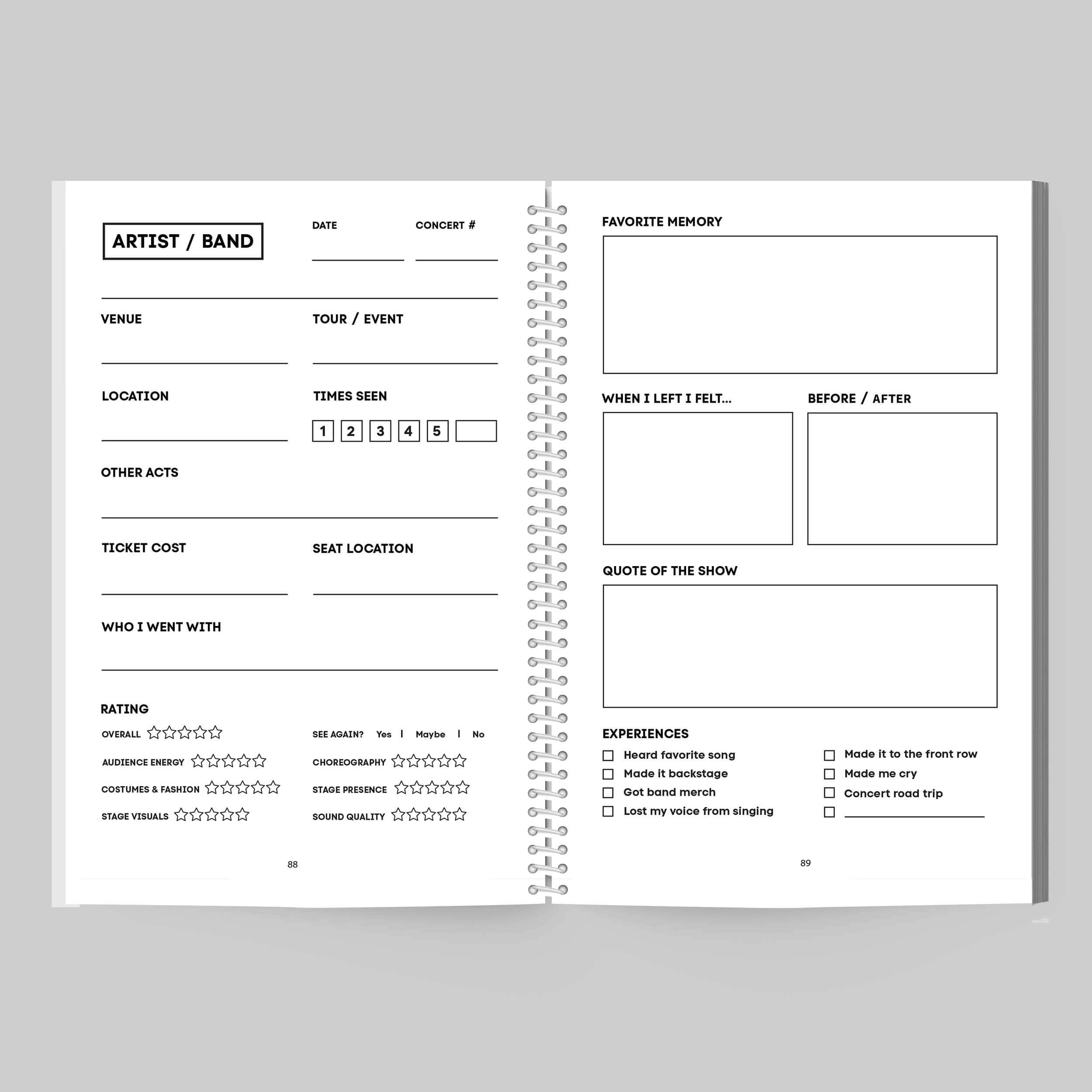 Interior layout of the Concerts Remembered Flex Edition journal, featuring concert documentation sections.