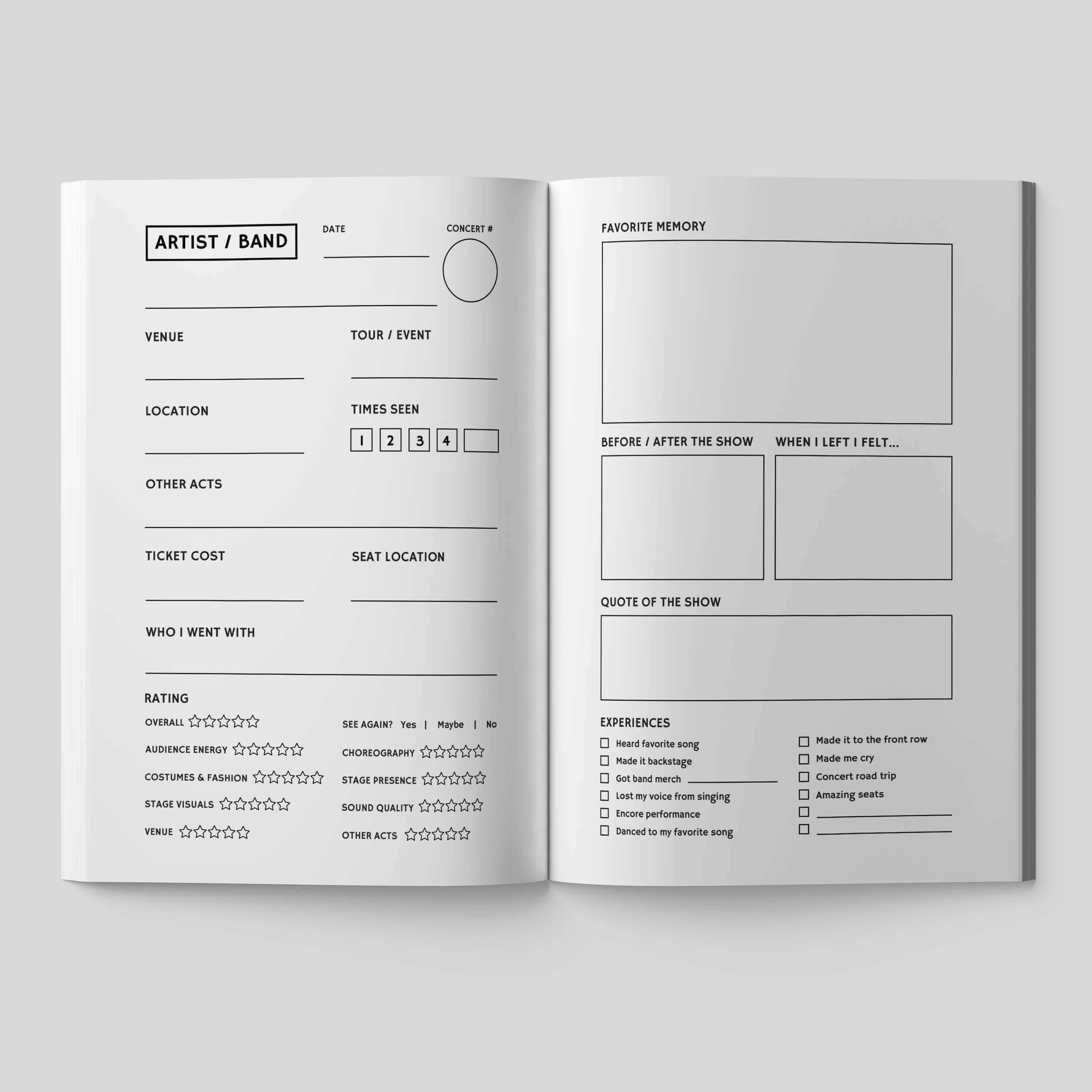 Interior pages of the Concerts Remembered: Amplified Edition journal featuring detailed sections for concert memories.