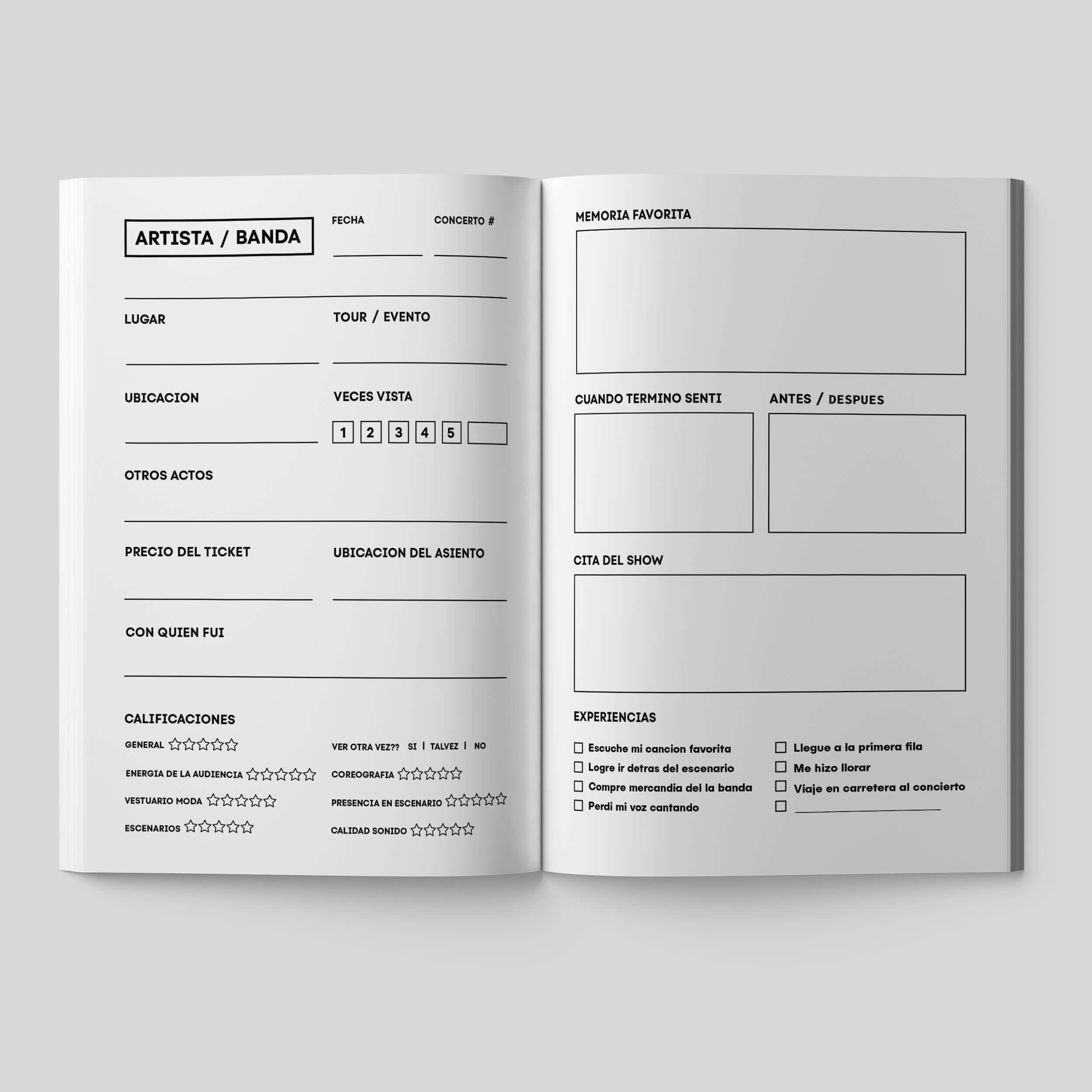 Interior pages of Concerts Remembered diary, featuring concert documentation sections and favorite memories.