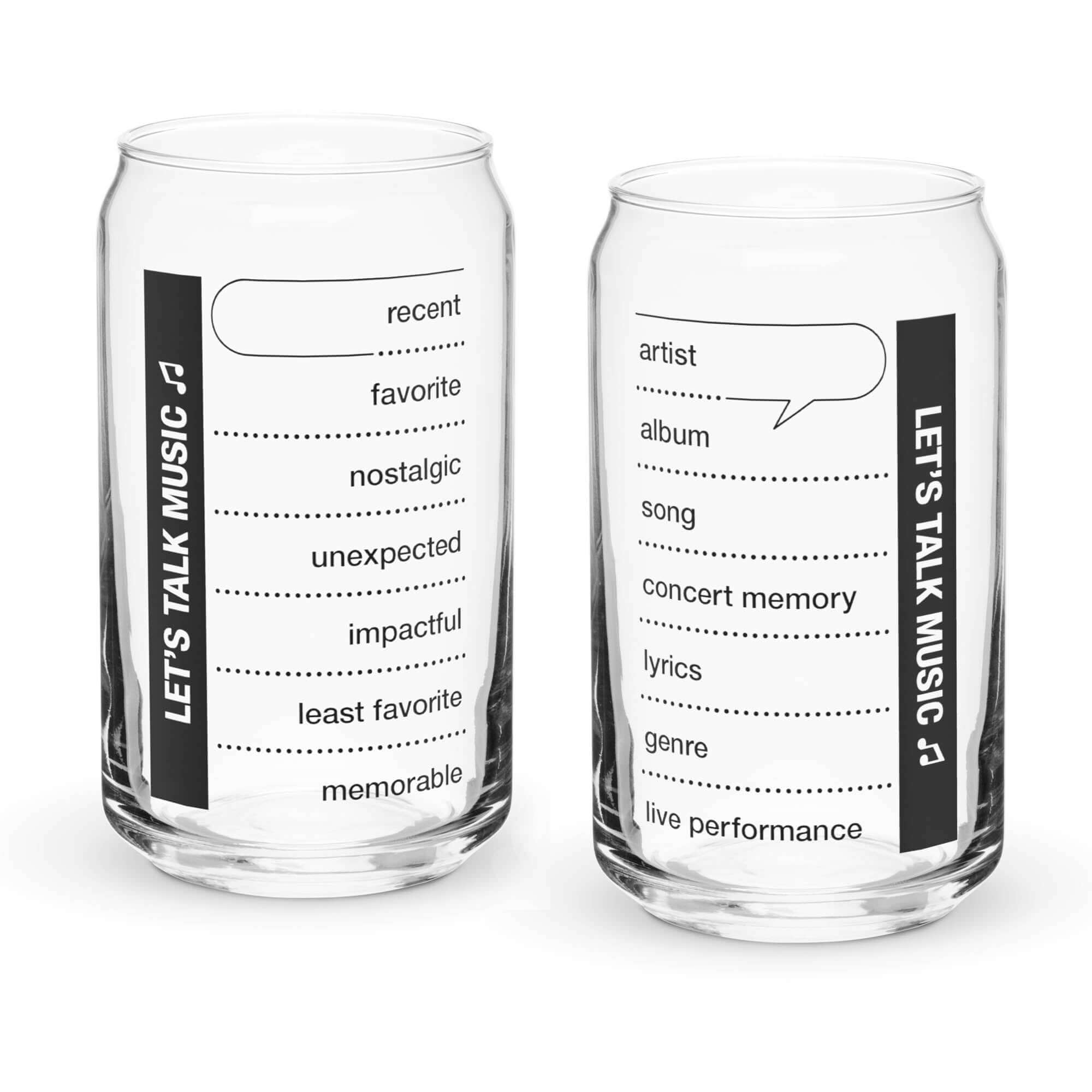 Conversation Starter Glasses for Music Lovers featuring prompts for engaging discussions about music.