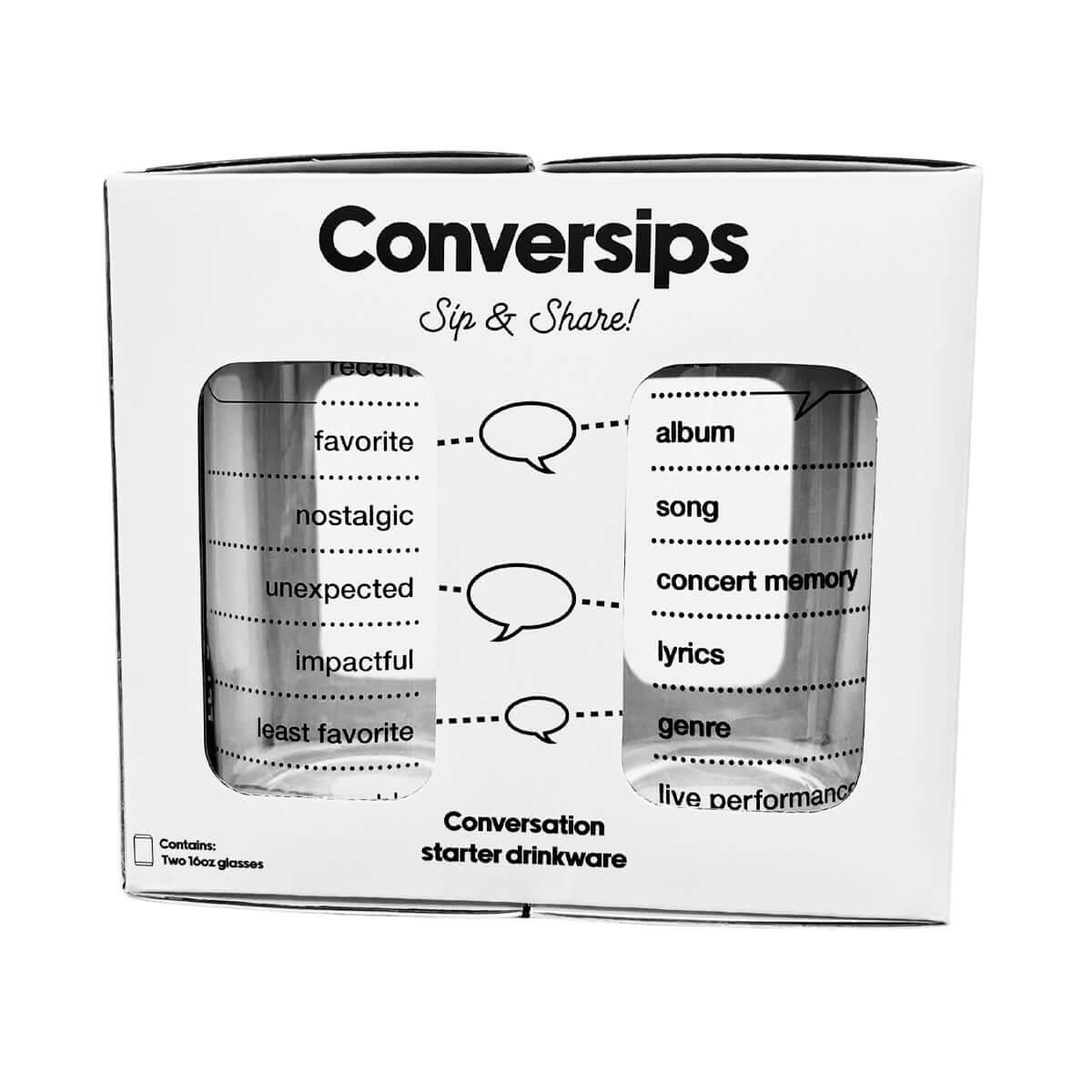 Conversation starter glasses set for music lovers in a box, designed to spark engaging discussions.