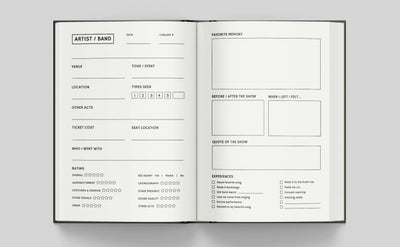 Open pages of the Concerts Remembered journal showcasing event logging sections for music fans.