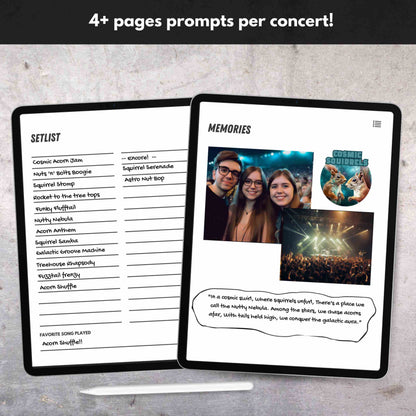 Digital journal showcasing concert setlist and memories pages for music enthusiasts.