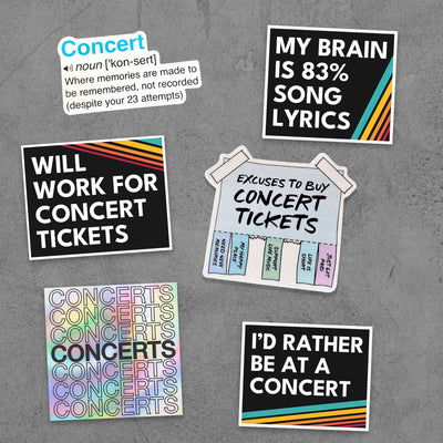 Concert stickers 6-pack spread out showing all designs