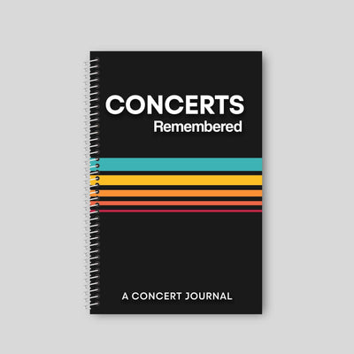 Concerts Remembered journal with colorful stripes, designed for documenting live music experiences.