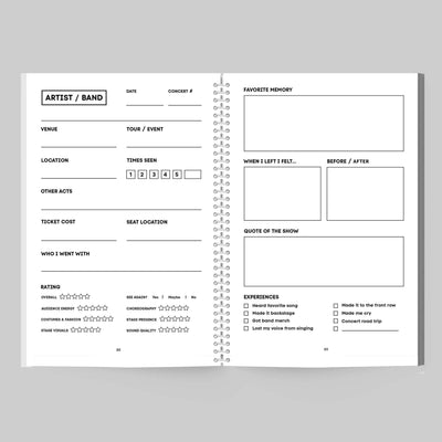 Interior layout of the Concerts Remembered Flex Edition journal, featuring concert documentation sections.