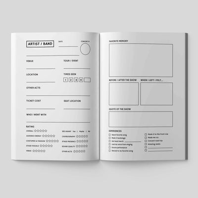 Interior pages of the Concerts Remembered: Amplified Edition journal featuring detailed sections for concert memories.