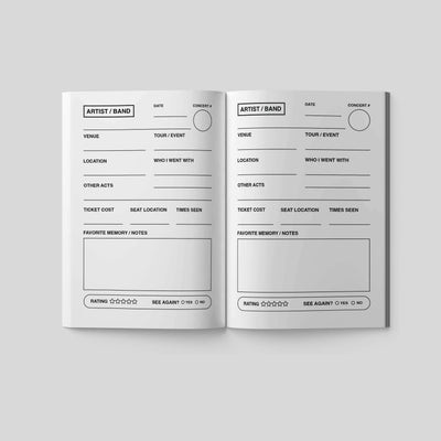Interior pages of a concert logbook featuring sections for artist, venue, and personal memories.
